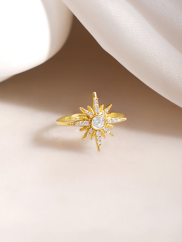 925 Fine Silver Gold Plated Crystal Sunburst Statement Ring