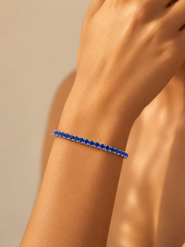 925 Fine Silver Rhodium Plated Blue Sapphire Bracelet With Heart Charm