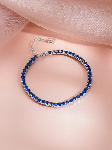 925 Fine Silver Rhodium Plated Blue Sapphire Bracelet With Heart Charm
