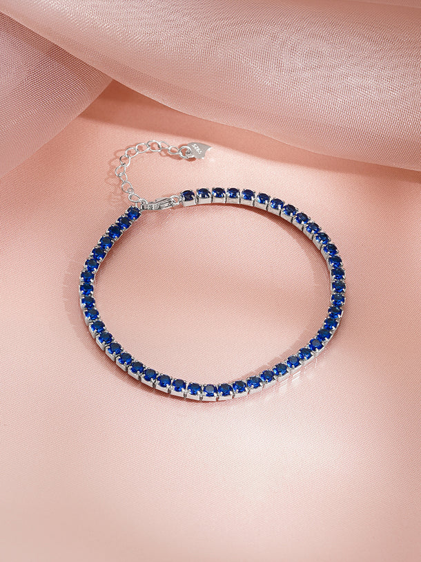 925 Fine Silver Rhodium Plated Blue Sapphire Bracelet With Heart Charm