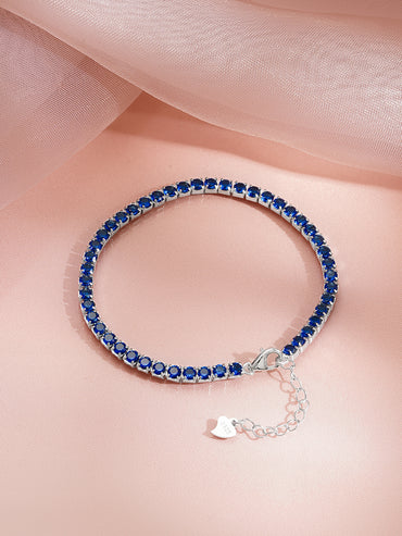 925 Fine Silver Rhodium Plated Blue Sapphire Bracelet With Heart Charm