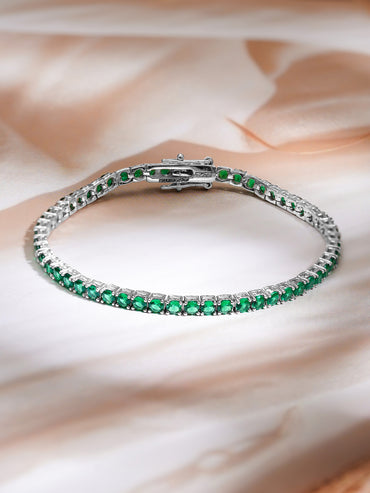 925 Fine Silver Rhodium Plated American Diamond Zirconia Emerald Green Bracelet