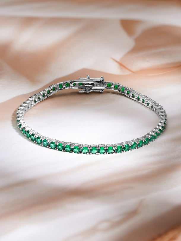 925 Fine Silver Rhodium Plated American Diamond Zirconia Emerald Green Bracelet