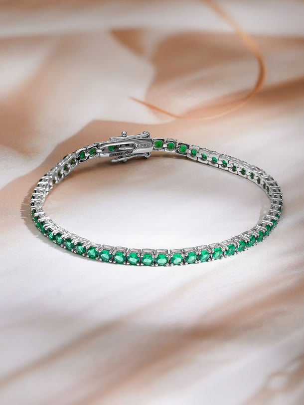 925 Fine Silver Rhodium Plated American Diamond Zirconia Emerald Green Bracelet