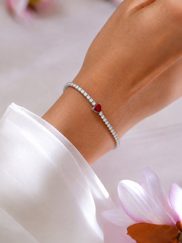 925 Fine Silver Rhodium Plated American Diamon Zirconia Bracelet With Ruby Heart Center & Charm