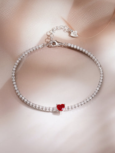 925 Fine Silver Rhodium Plated American Diamon Zirconia Bracelet With Ruby Heart Center & Charm