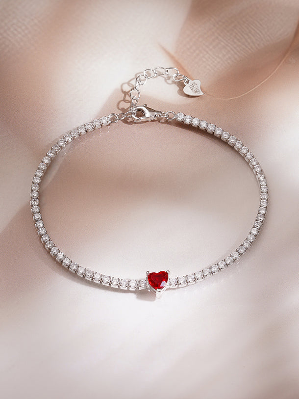 925 Fine Silver Rhodium Plated American Diamon Zirconia Bracelet With Ruby Heart Center & Charm