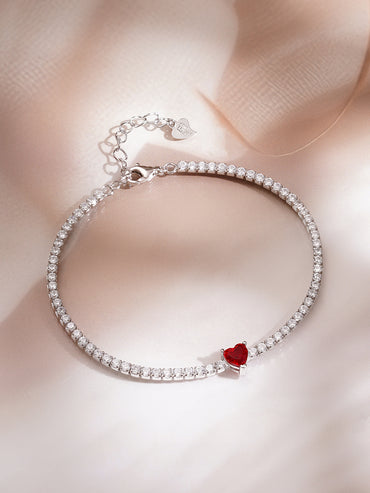 925 Fine Silver Rhodium Plated American Diamon Zirconia Bracelet With Ruby Heart Center & Charm