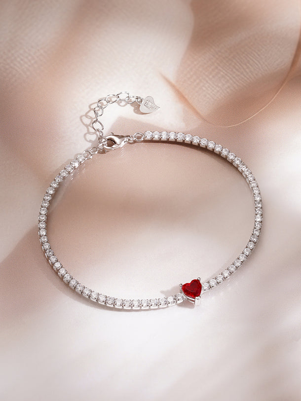 925 Fine Silver Rhodium Plated American Diamon Zirconia Bracelet With Ruby Heart Center & Charm