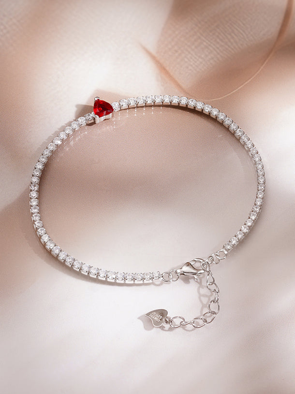 925 Fine Silver Rhodium Plated American Diamon Zirconia Bracelet With Ruby Heart Center & Charm