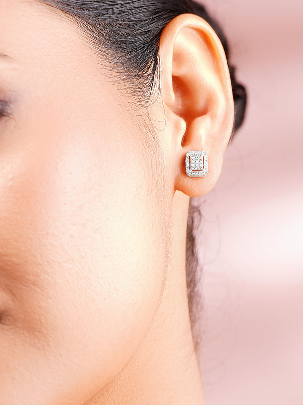 925 Fine Silver Geometric Halo Cubic Zirconia Stud Earrings