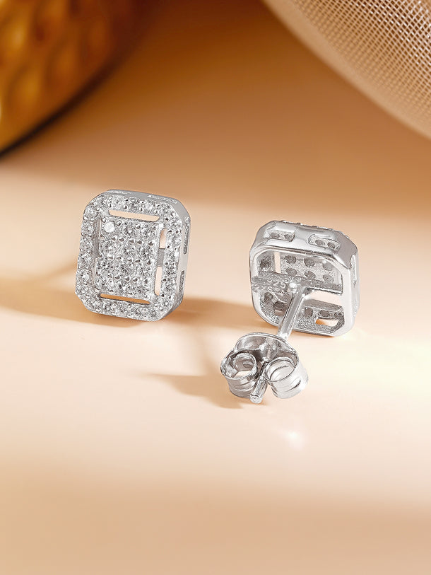 925 Fine Silver Geometric Halo Cubic Zirconia Stud Earrings