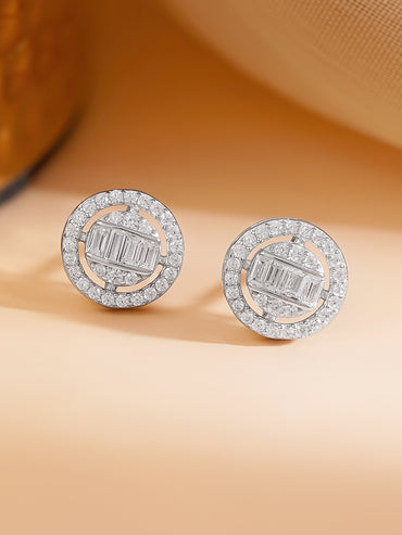 925 Fine Silver Cubic Zirconia Baguette Halo Round Stud Earrings