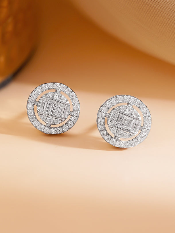 925 Fine Silver Cubic Zirconia Baguette Halo Round Stud Earrings
