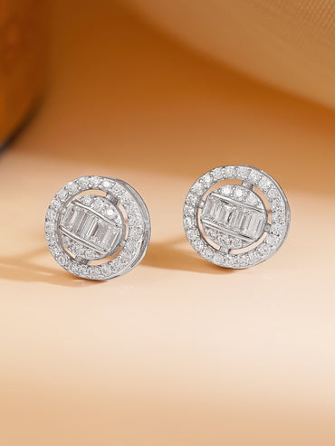 925 Fine Silver Cubic Zirconia Baguette Halo Round Stud Earrings
