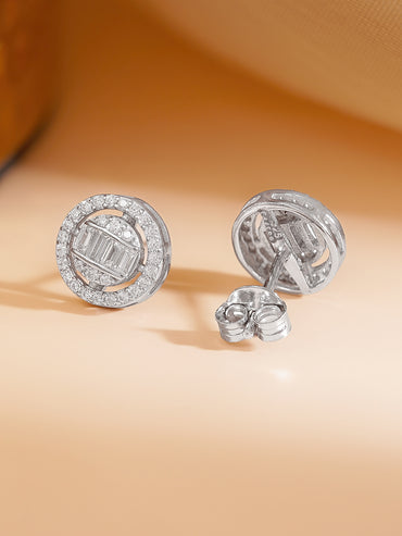 925 Fine Silver Cubic Zirconia Baguette Halo Round Stud Earrings