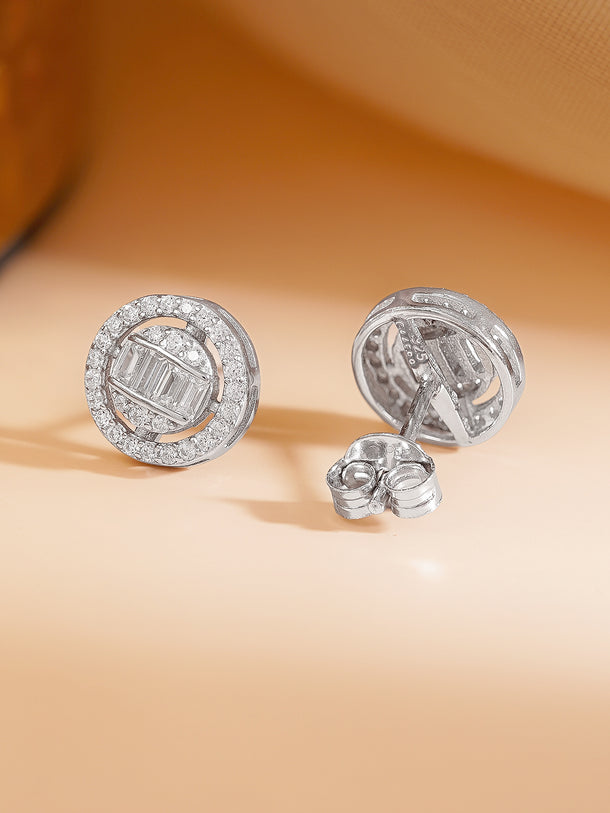 925 Fine Silver Cubic Zirconia Baguette Halo Round Stud Earrings
