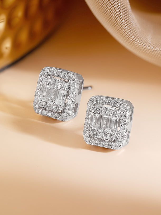 925 Fine Silver White Cubic Zirconia Cushion Halo Stud Earrings