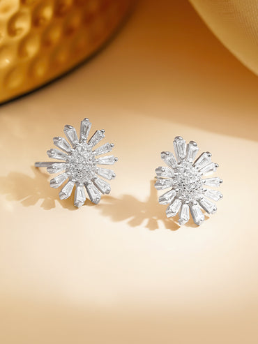 925 Fine Silver Rhodium Plated FLoral Studs Earrings