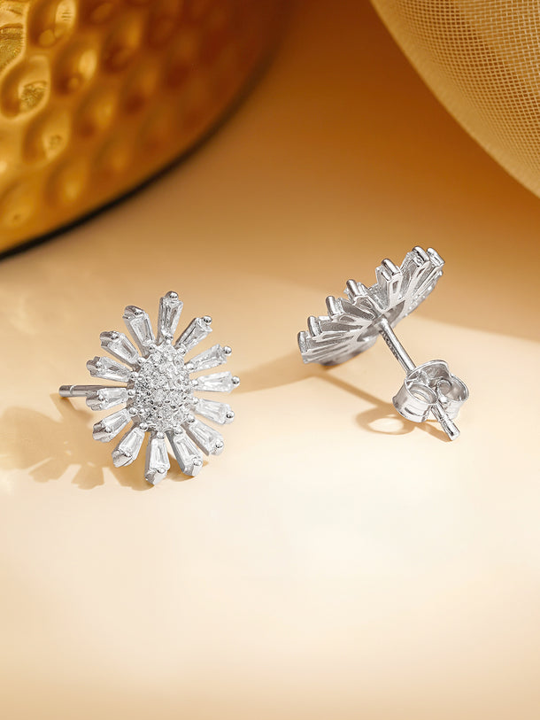 925 Fine Silver Rhodium Plated FLoral Studs Earrings