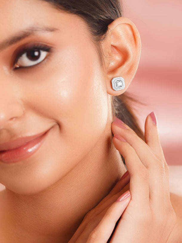 925 Fine Silver Rhodium Plated Cubic Studs Earrings