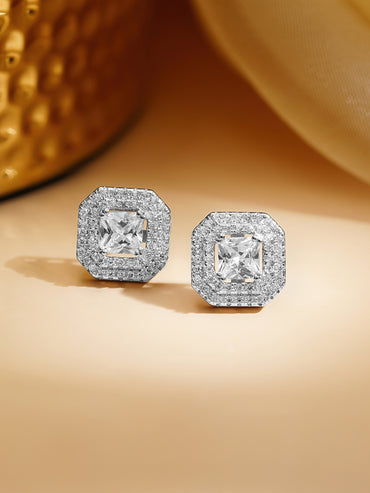 925 Fine Silver Rhodium Plated Cubic Studs Earrings
