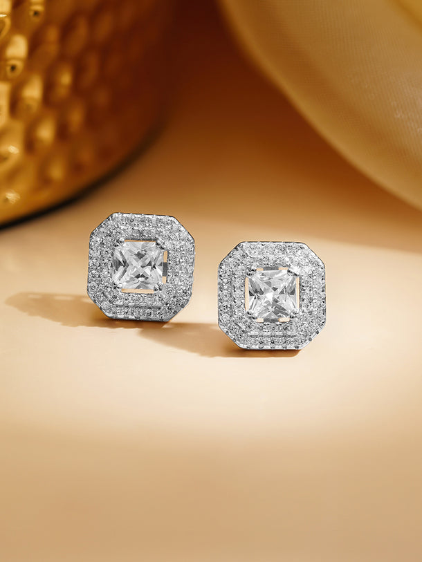 925 Fine Silver Rhodium Plated Cubic Studs Earrings