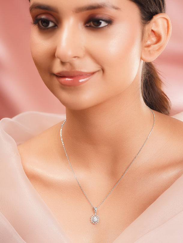 925 Fine Silver Rhodium Plated Floral Pendant Necklace