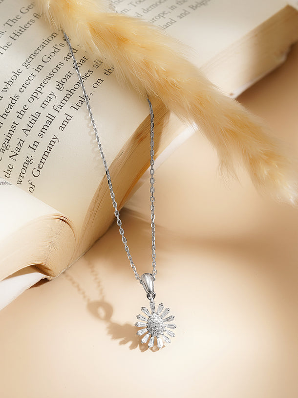 925 Fine Silver Rhodium Plated Floral Pendant Necklace