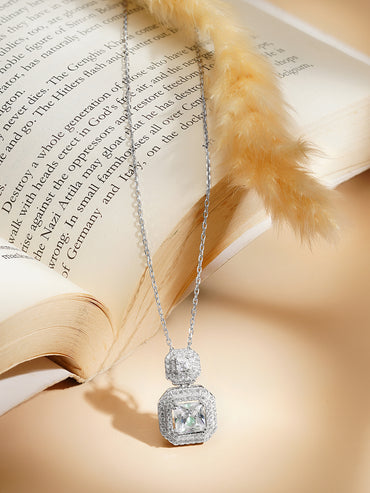 925 Fine Silver Rhodium Plated Cubic Pendant Necklace