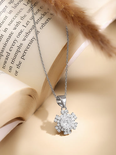 925 Fine Silver Rhodium Plated Floral Chrm Necklace
