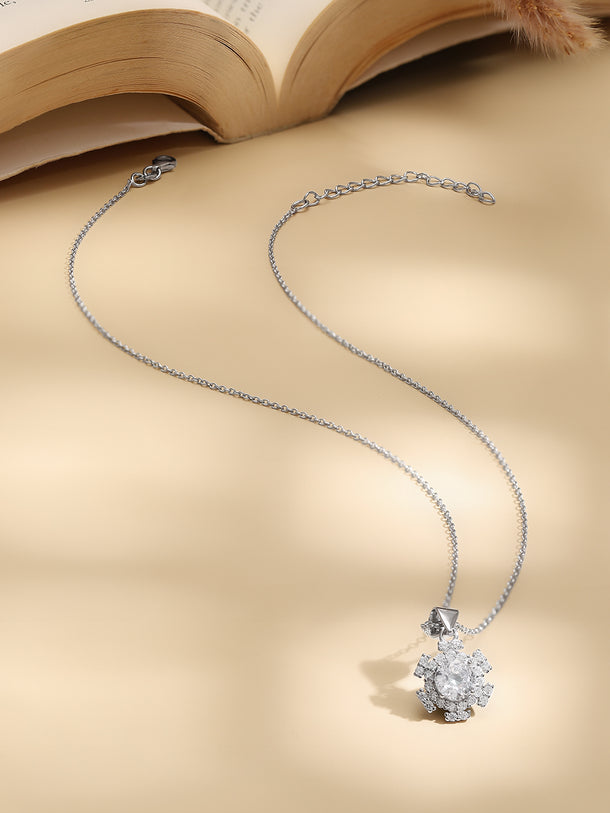 925 Fine Silver Rhodium Plated Floral Chrm Necklace