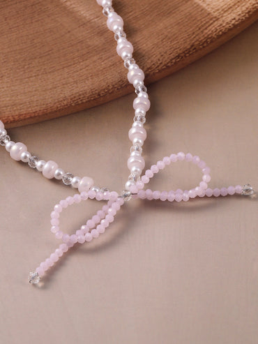Pearly s with Soft Pink Bow Charm Necklace