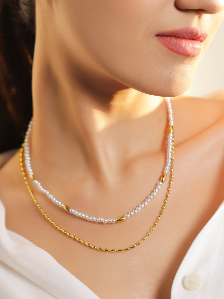 Rubans 18K Gold-Plated Brass White Pearl & Gold Bead Dual-Layer Necklace