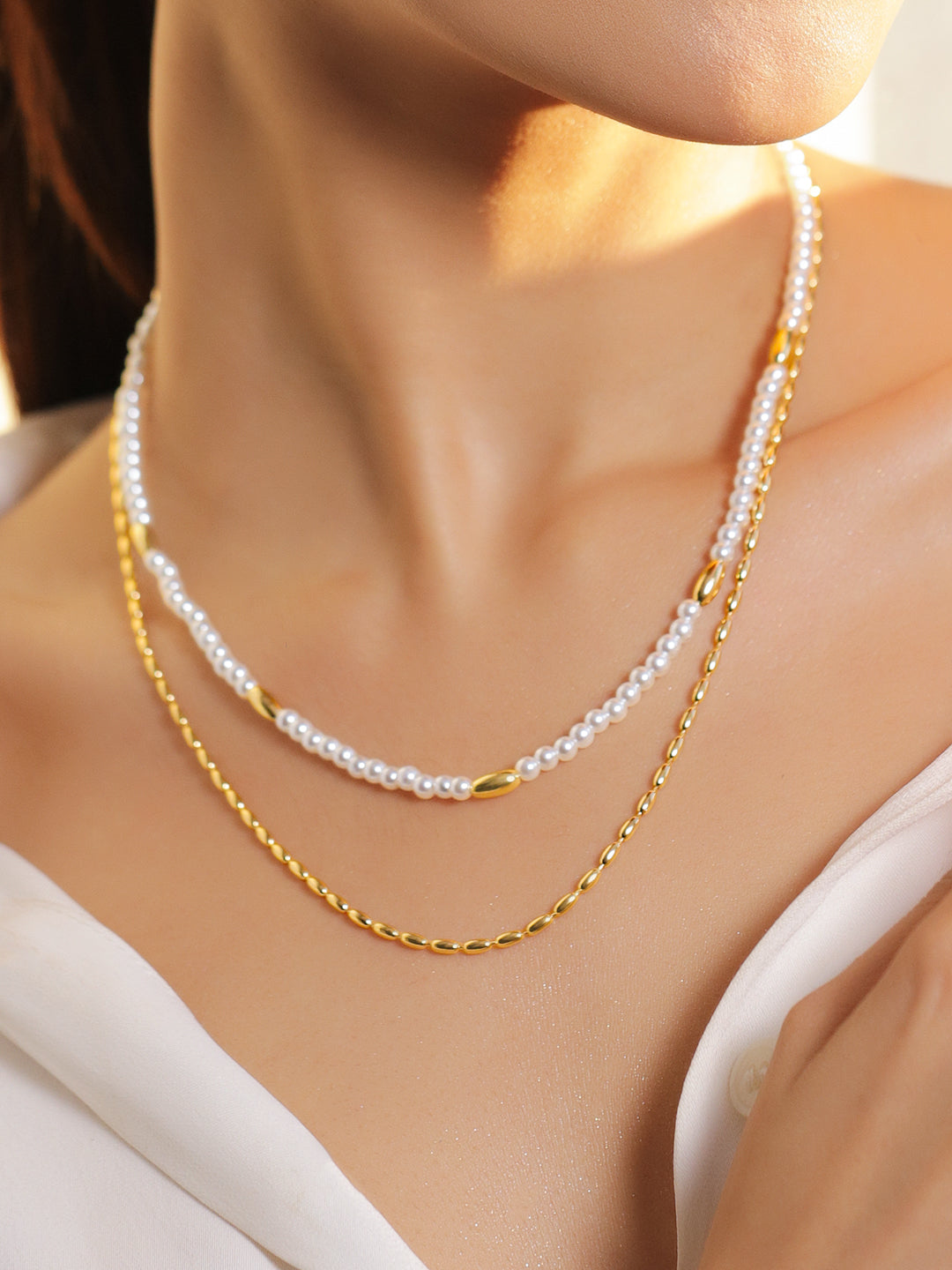 Rubans 18K Gold-Plated Brass White Pearl & Gold Bead Dual-Layer Necklace