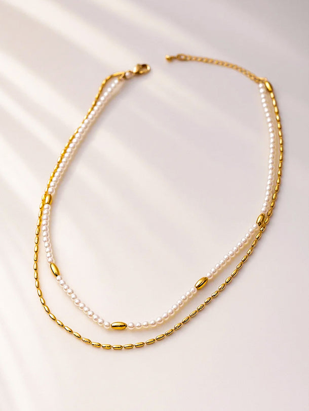 White & Gold Beaded Layered Necklace