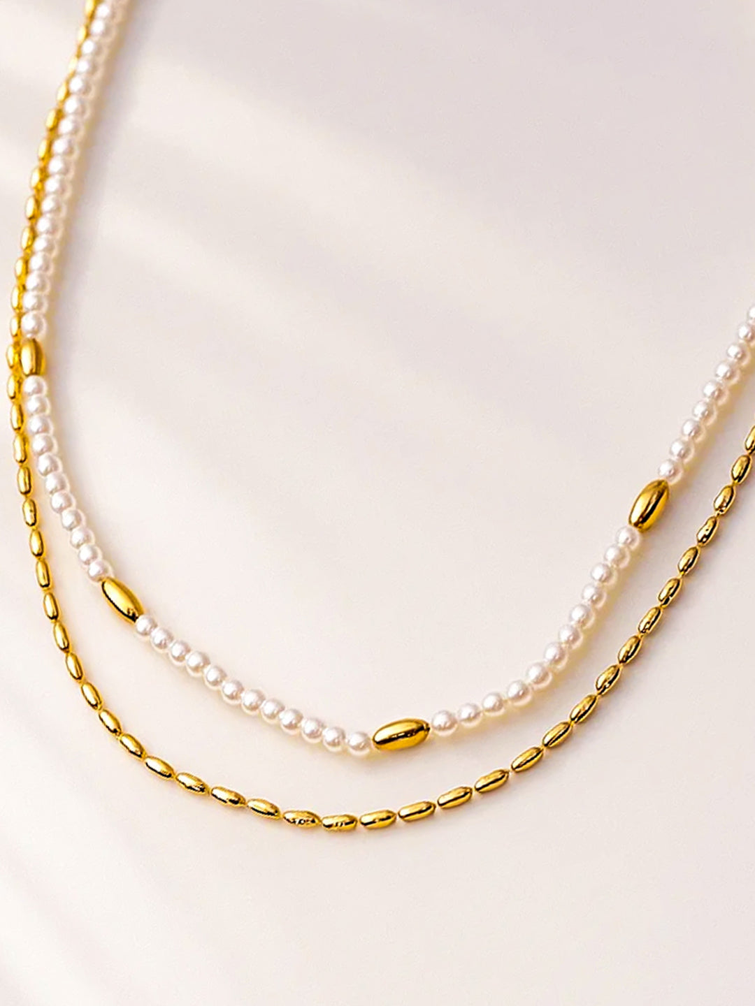 Rubans 18K Gold-Plated Brass White Pearl & Gold Bead Dual-Layer Necklace