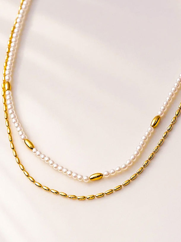 White & Gold Beaded Layered Necklace