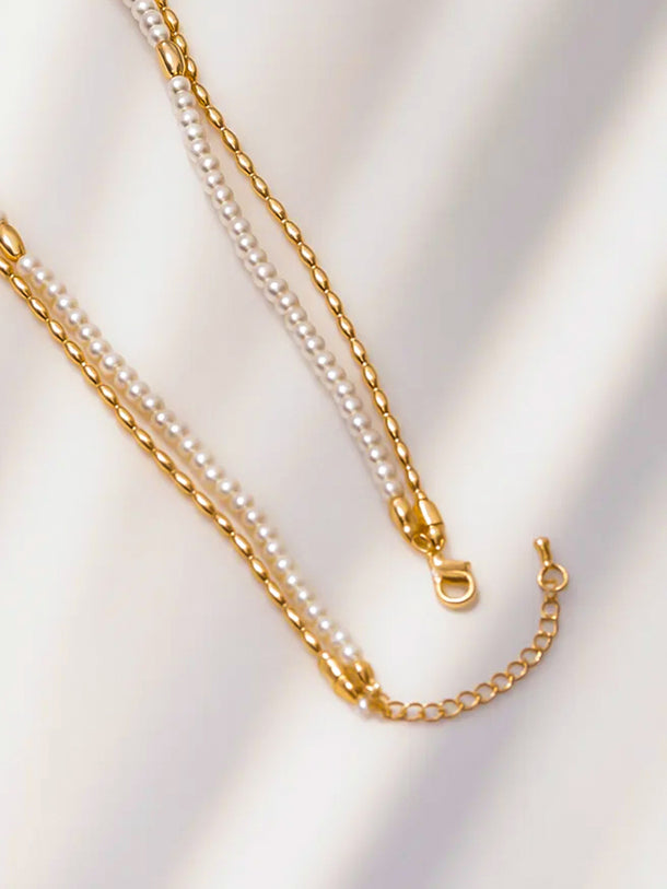 White & Gold Beaded Layered Necklace