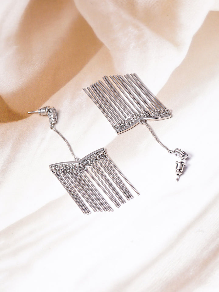 Rubans Rhodium Plated Long Fringe Drop Earrings with Crystal AD Studs and Tassel Accents