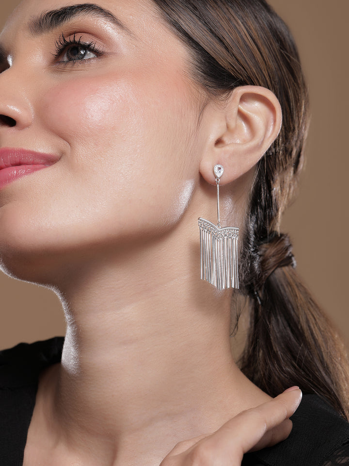 Rubans Rhodium Plated Long Fringe Drop Earrings with Crystal AD Studs and Tassel Accents