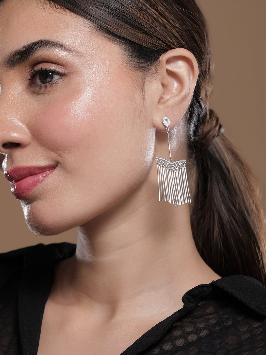 Rubans Rhodium Plated Long Fringe Drop Earrings with Crystal AD Studs and Tassel Accents