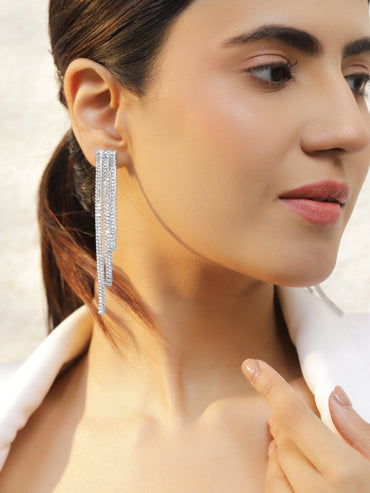 Rubans Voguish Rhodium-Plated Textured Multi-Strip Long Dangling Statement Earrings