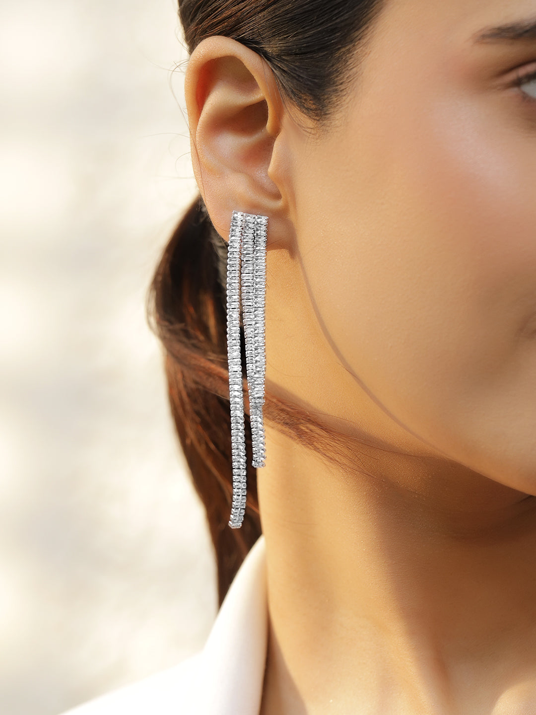 Rubans Voguish Rhodium-Plated Textured Multi-Strip Long Dangling Statement Earrings