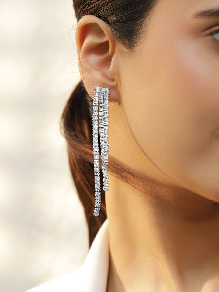 Rubans Voguish Rhodium-Plated Textured Multi-Strip Long Dangling Statement Earrings