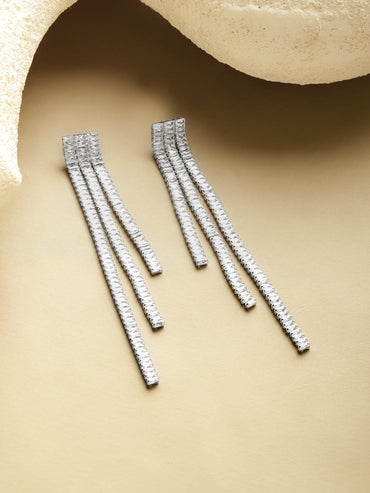 Rubans Voguish Rhodium-Plated Textured Multi-Strip Long Dangling Statement Earrings