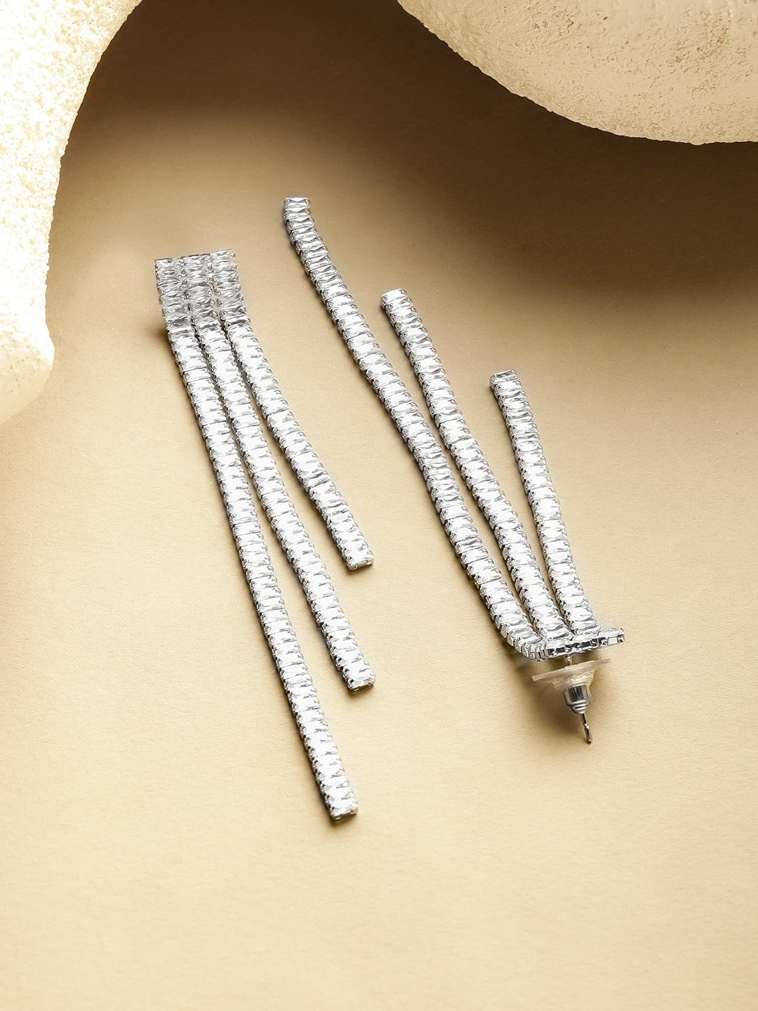 Rubans Voguish Rhodium-Plated Textured Multi-Strip Long Dangling Statement Earrings