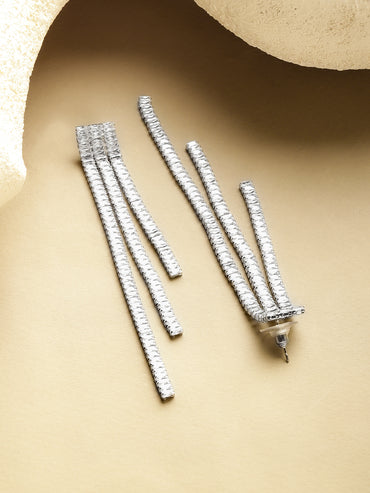 Rubans Voguish Rhodium-Plated Textured Multi-Strip Long Dangling Statement Earrings