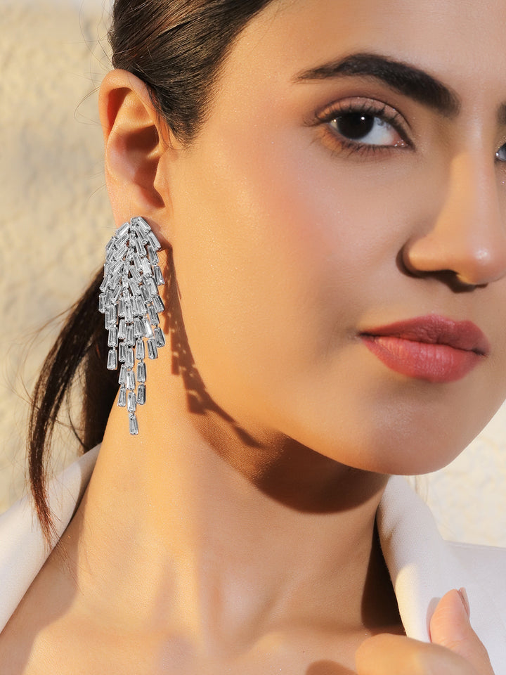 Rubans Voguish Rhodium-Plated Crystal White AD & Cubic Zirconia Tassel Danglers Earrings