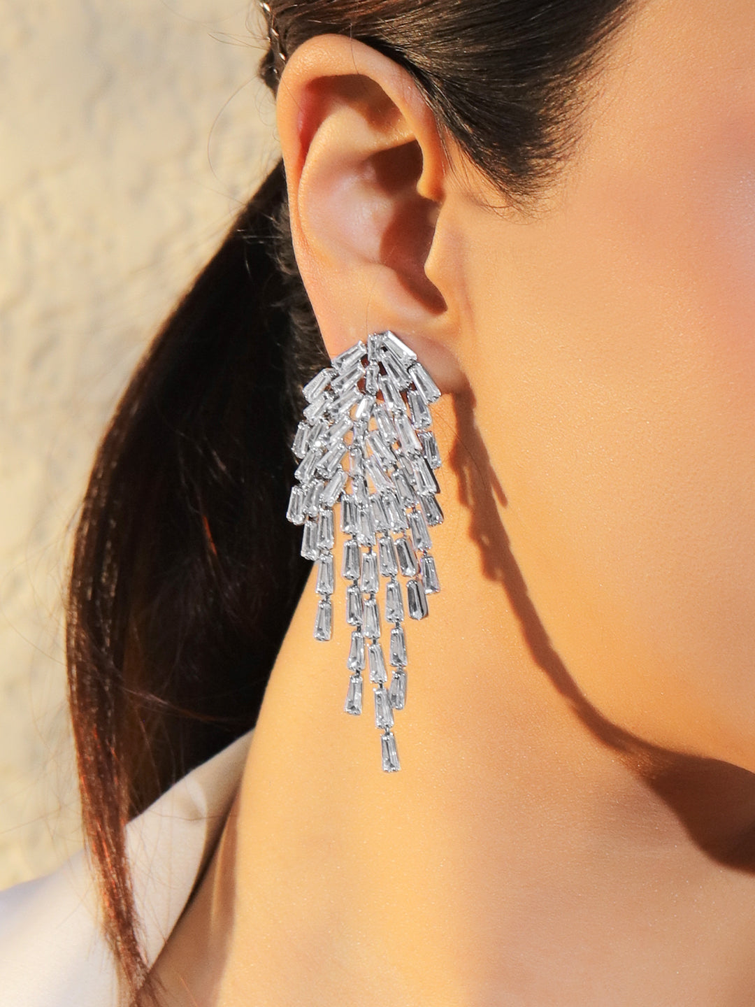 Rubans Voguish Rhodium-Plated Crystal White AD & Cubic Zirconia Tassel Danglers Earrings